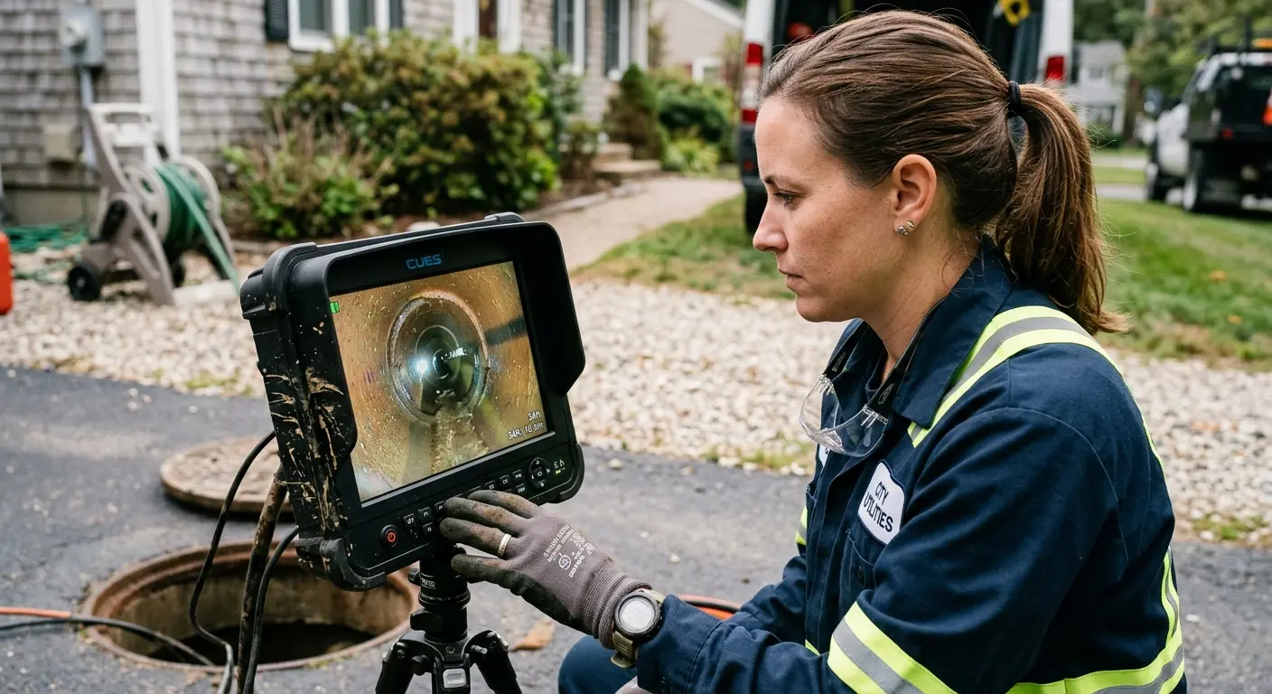 Technician reviewing sewer camera inspection footage in Placerville