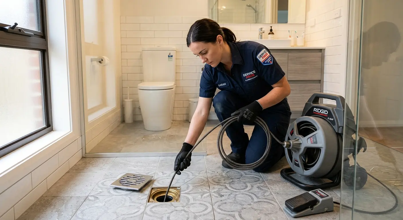 Technician clearing a bathroom floor drain for Drain Cleaning in Placerville